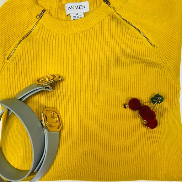 Carmen Marc valvo zipper detailed mustard sweater - Picture 2 of 8